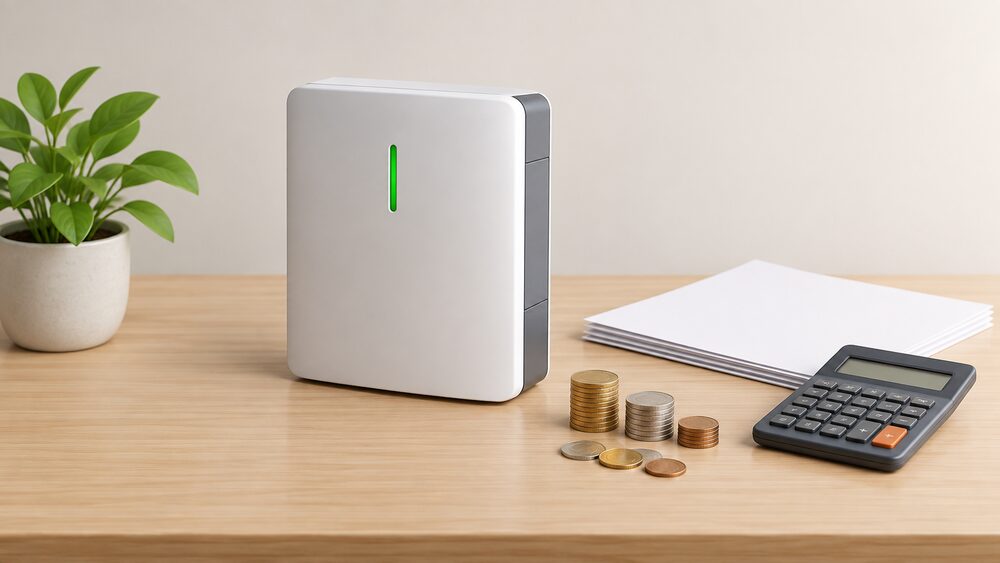 A small model of a wall-mounted home battery unit stands on a table beside blank paperwork, a calculator and a few loose coins, suggesting the gap between the energy paid in and the savings counted out.