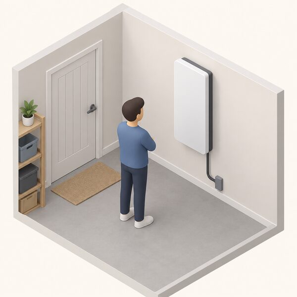 A slim rectangular lithium-ion home battery unit mounted on an interior wall of a plain utility room, with a small isometric figure standing beside it looking at the unit, and a cable running from the battery down to a connection point near the floor.