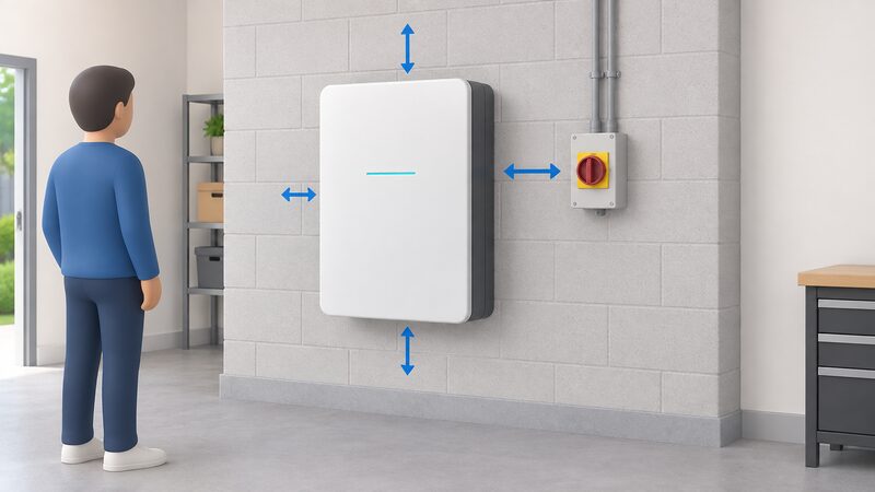 A diagram-style illustration of a wall-mounted home battery on a solid wall with plain arrow markers showing the clearance gaps around its sides, top and bottom, and a separate rotary isolator switch mounted nearby on the same wall with an arrow marking its distance from the battery.