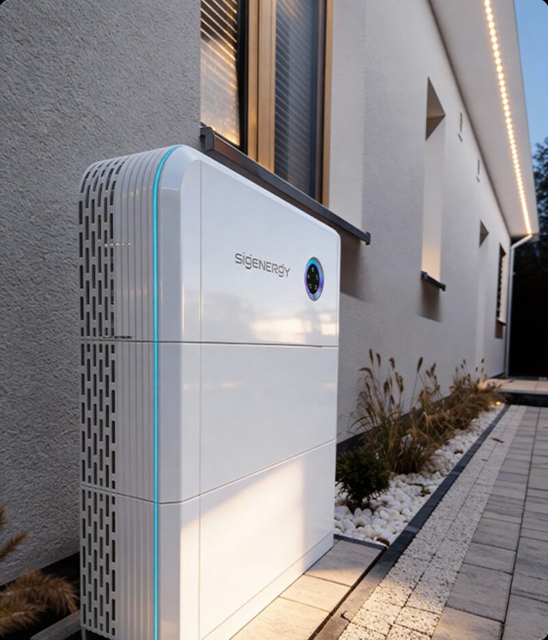 A white Sigenergy home battery unit mounted on the exterior wall of a house beside a paved path