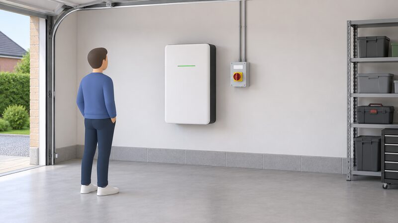 A wall-mounted home battery unit fixed to the inside wall of a domestic garage, with clear empty floor and wall space around it and a small labelled isolator switch box mounted beside it on the same wall.