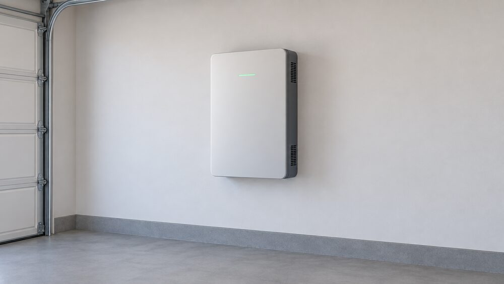 A rectangular wall-mounted home battery unit fixed high on a plain garage wall, with clear floor space around it and a small ventilation gap visible at its sides, drawn close up with nothing else in the scene.