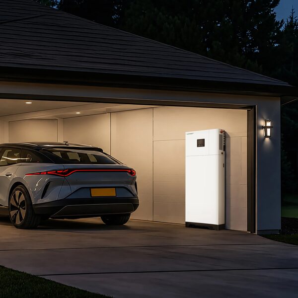 A LuxpowerTek all-in-one battery storage unit installed on the wall of a garage next to a parked electric car at night