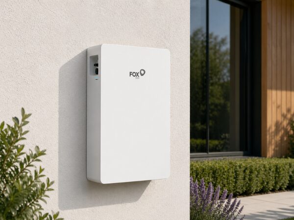 A white Fox ESS home battery mounted on an exterior house wall next to a window and garden plants