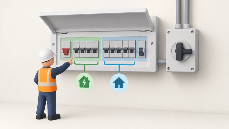 A close-up of a domestic consumer unit with its front cover open, showing some circuit ways grouped apart as the backed-up circuits and a changeover device mounted beside the unit, with a simplified installer figure indicating the split.