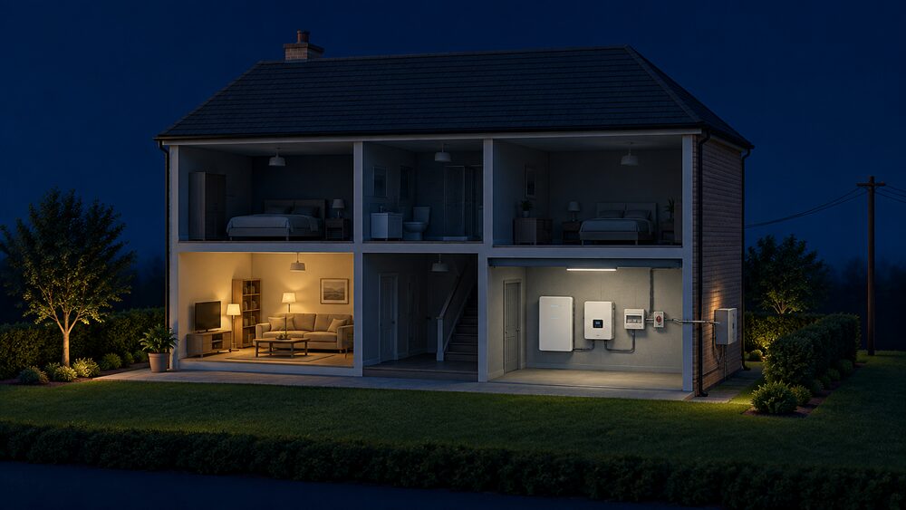 A cutaway house at night in a power cut: the whole street is dark while one room inside stays lit, fed by a wall-mounted battery and hybrid inverter in the garage, with changeover switchgear beside them separating essential circuits from the dead grid connection.