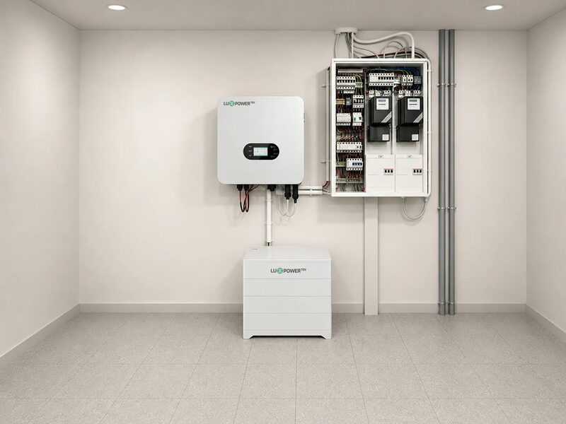 A LuxPower wall-mounted hybrid inverter and stacked floor battery installed next to a consumer unit in a plain room