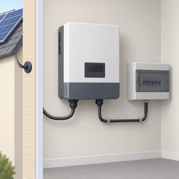 A wall-mounted grid-connected solar inverter unit indoors, shown with its indicator lights dark and its display blank, while a cable from the outside wall and a connection toward the consumer unit remain in place, illustrating the anti-islanding shutdown during a power cut.
