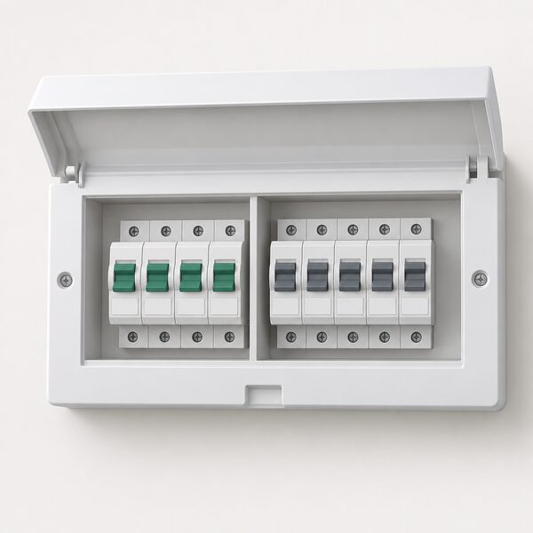 A close-up of a domestic consumer unit with its front cover open, showing two clearly separated groups of circuit ways, one group of backed-up essential circuits and one group of non-backed-up circuits, divided by a visible partition inside the unit.