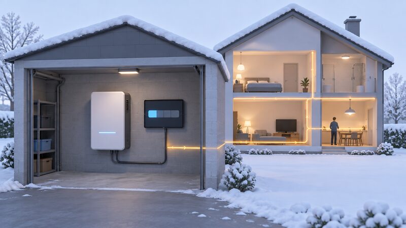 A wall-mounted home battery in a cold garage with a monitoring screen or tablet beside it showing a plain charge-limited status as a simple bar or band, while the house beyond continues to draw stored power.