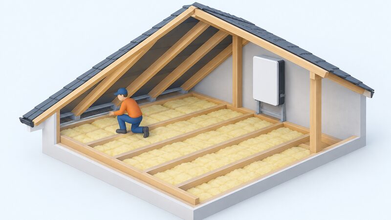 A cutaway loft interior where a wall-mounted battery unit sits on a raised bracket clear of the rolled insulation between joists, with a simplified isometric figure checking that the eaves ventilation gap at the sloping roof edge remains open and unblocked by insulation.