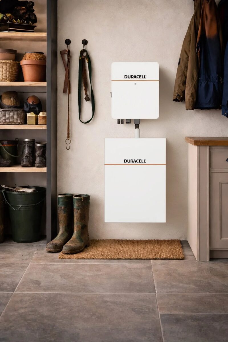 A white Duracell home battery and inverter unit mounted on a utility room wall next to shelves, boots and coats