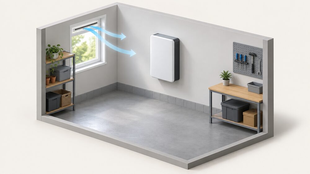 A wall-mounted lithium home battery unit on an internal wall of a utility room, with a window fitted with a trickle ventilator letting moving air through the space, and clear floor and wall space around the battery so air can circulate freely.
