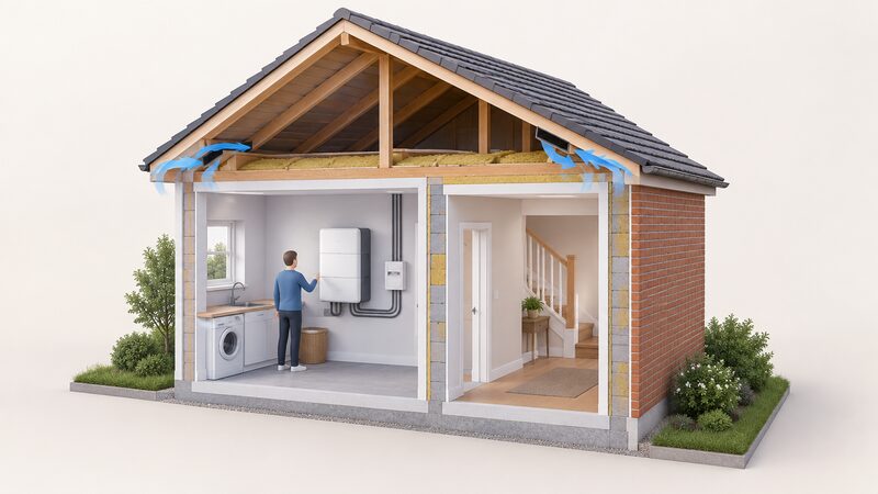 A cutaway house showing a home battery on the wall of a utility room, a loft with open eaves ventilation gaps along the roof edge, and an external wall, illustrating how siting within the building fabric keeps the battery within its operating window.