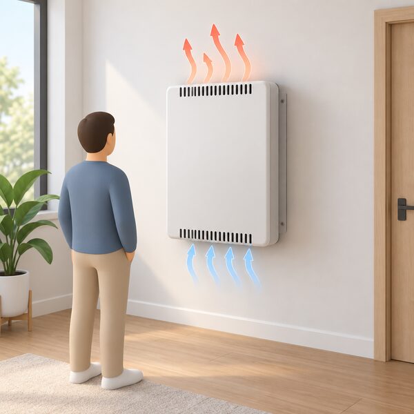 A wall-mounted home battery in a simple room, its enclosure casing drawn with open vent slots at the top and bottom so heat from the working battery can escape into the surrounding air, shown as gentle rising airflow lines.