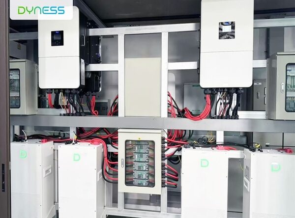 A Dyness PowerBrick residential battery energy storage installation with wall-mounted inverters, battery cabinets and heavy red cabling in a metal rack enclosure