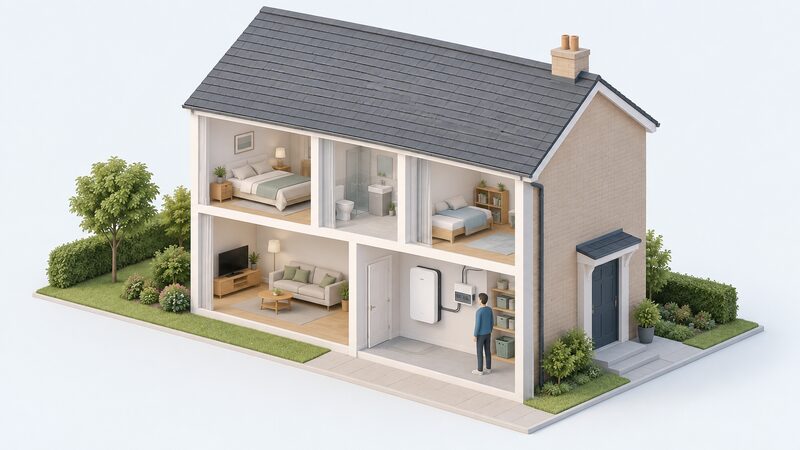 A wall-mounted AC-coupled home battery on a utility room wall, connected to the consumer unit, with the house roof outside shown completely bare of any solar panels.