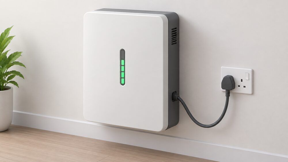 A wall-mounted home battery unit shown close up, its mains plug lead running to a normal domestic socket on the wall beside it, with no solar panels anywhere in the scene.