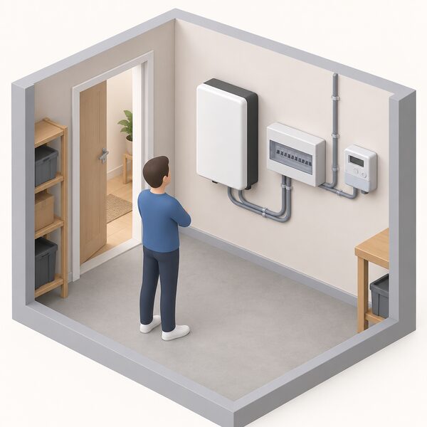 A wall-mounted home battery unit installed indoors in a utility space, wired to the household consumer unit and electricity meter, with no solar panels or any roof generation shown anywhere in the scene.