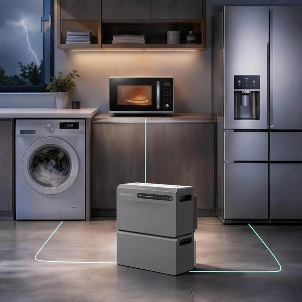A Sigenergy stacked home battery unit on a kitchen floor with glowing lines suggesting it is powering the washing machine, microwave and fridge during a storm
