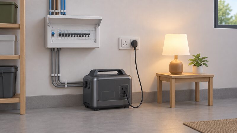 A portable power station on the floor beside a domestic consumer unit, with a lamp plugged directly into the unit's socket while the consumer unit's fixed circuits remain separate, showing plug-and-play supply rather than whole-home backup.