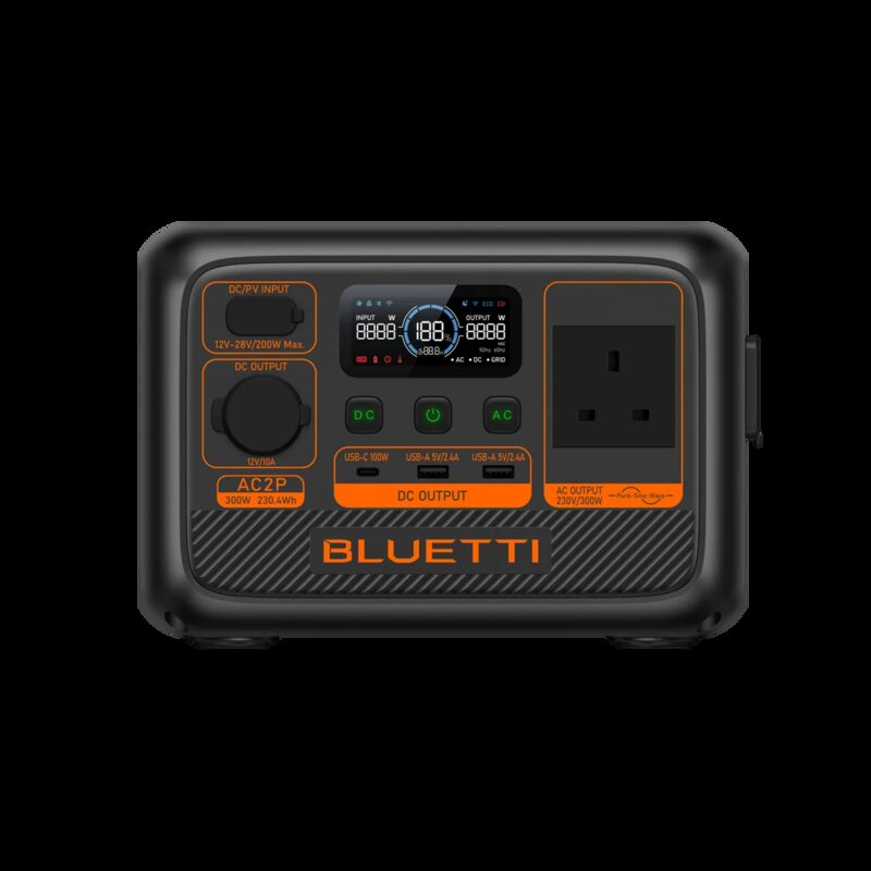 A BLUETTI AC2P portable power station with display, sockets and USB ports on a white background