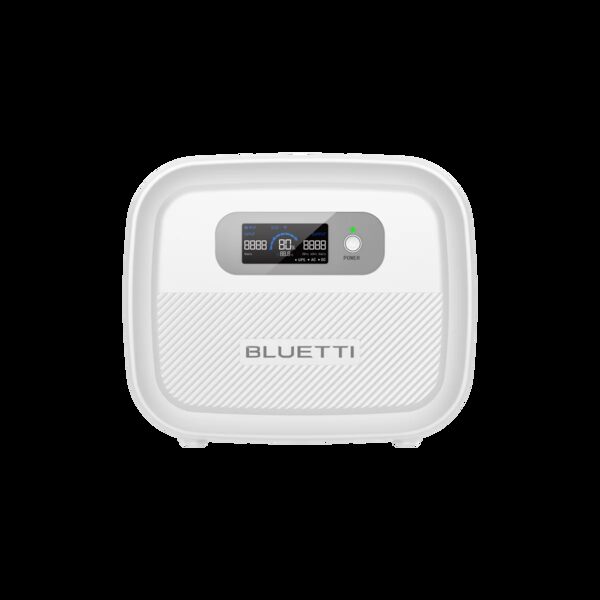 A white BLUETTI portable power station with a display screen and power button on a plain background