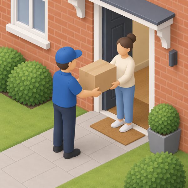 A delivery courier at the front door of a UK brick house handing a large plain cardboard parcel to a simplified householder, with the open doorway and front path visible and no branding or text on the box.