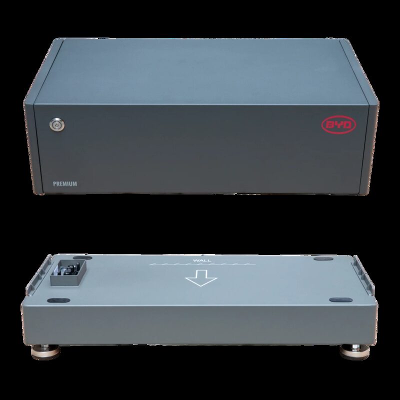 A grey BYD Battery-Box Premium home battery module shown from the front and from below on a white background
