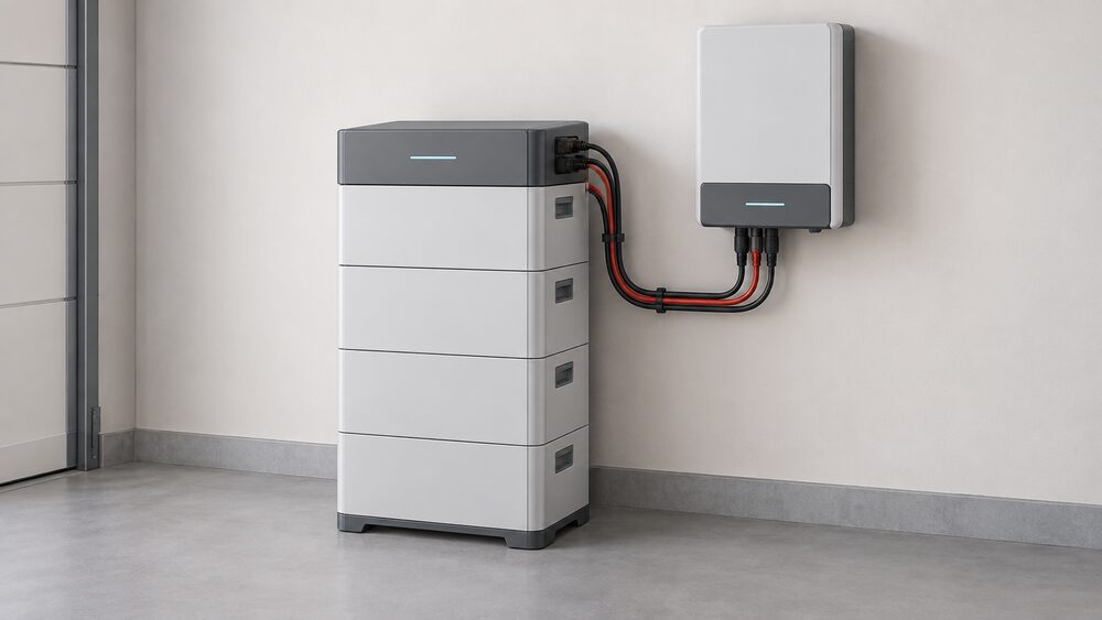 A close-up of a modular home battery built as a vertical stack of identical rectangular modules topped by a separate battery management unit, standing on the floor of a garage or utility space with its DC connectors and cabling running to a wall-mounted external inverter beside it.