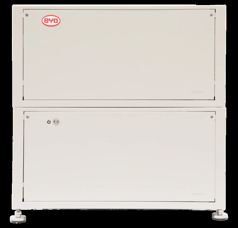 A white BYD Battery-Box Premium LVL home battery stack of two stacked modules on floor mounts