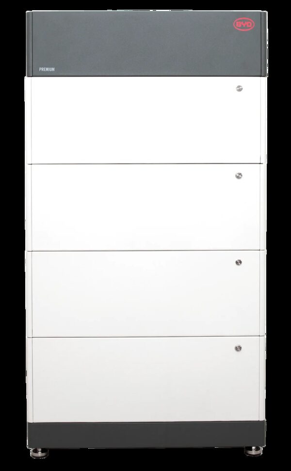 A BYD Battery Box Premium LVS modular home battery stack with four white modules and a dark grey top section bearing the BYD logo