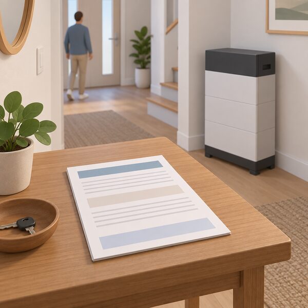 A printed warranty document lying flat on a wooden table in a home hallway, its pages showing plain colour bands and blank lines instead of readable text, with a small battery cabinet standing against the wall nearby.