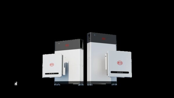 Two BYD Battery-Box HVE home battery units with wall-mounted inverter modules on a white background