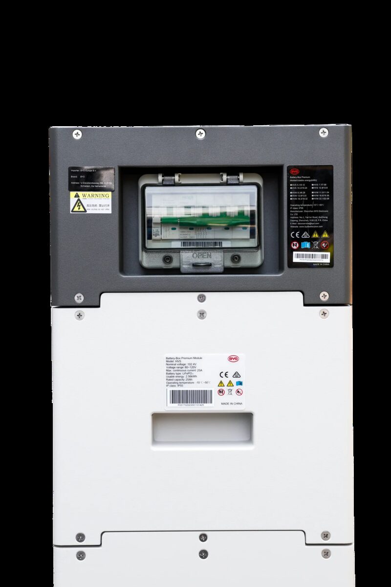 A BYD Battery-Box Premium home battery module shown from the back with its wiring box and specification labels visible