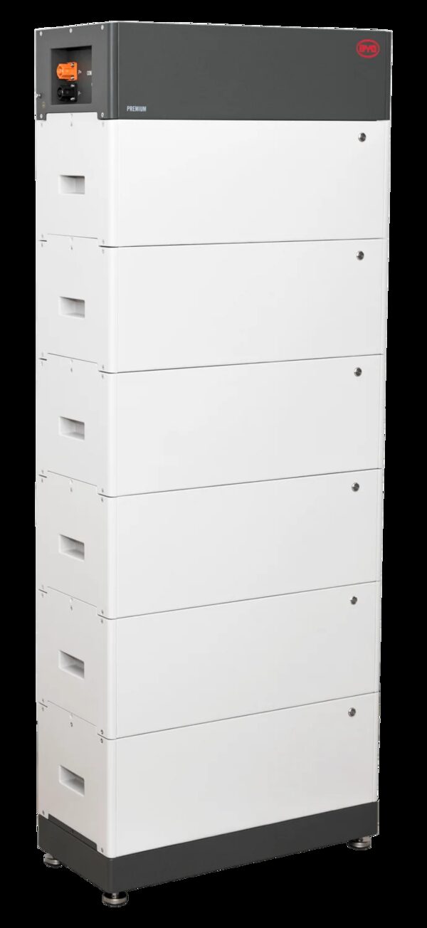 A tall stacked BYD Battery Box Premium LVS home battery unit with white modules and a dark grey control tower on top