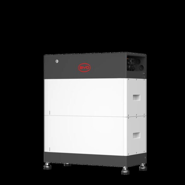 A BYD Battery-Box HVS/HVM home battery storage unit, a stacked white and dark grey cabinet on feet with the red BYD logo