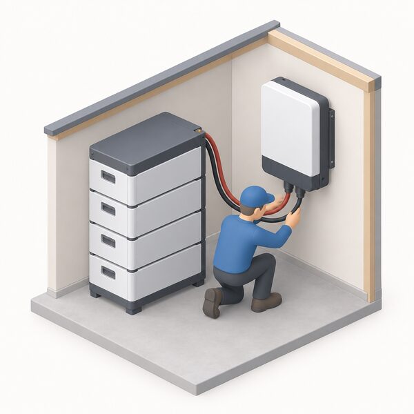 A modular 48V LFP battery stack on a garage floor connected by thick cables to a separate external wall-mounted inverter, with a small isometric figure checking the cable connection between the two units.