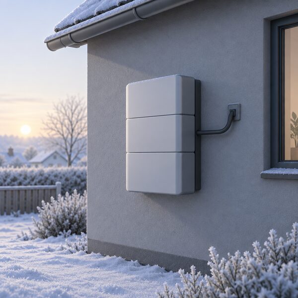 A modular home battery unit mounted on a shaded north-facing external house wall on a cold frosty morning, with a cable running from the battery into the house and pale low winter sunlight leaving the wall in shadow.