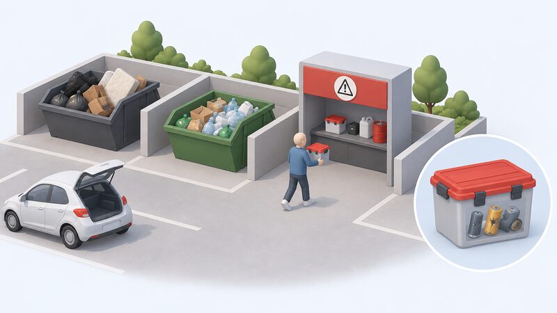 A household waste recycling centre where a resident carries a sealed, lidded container of damaged lithium batteries toward a clearly separate hazardous waste drop-off point, distinct from the general waste and recycling skips nearby.