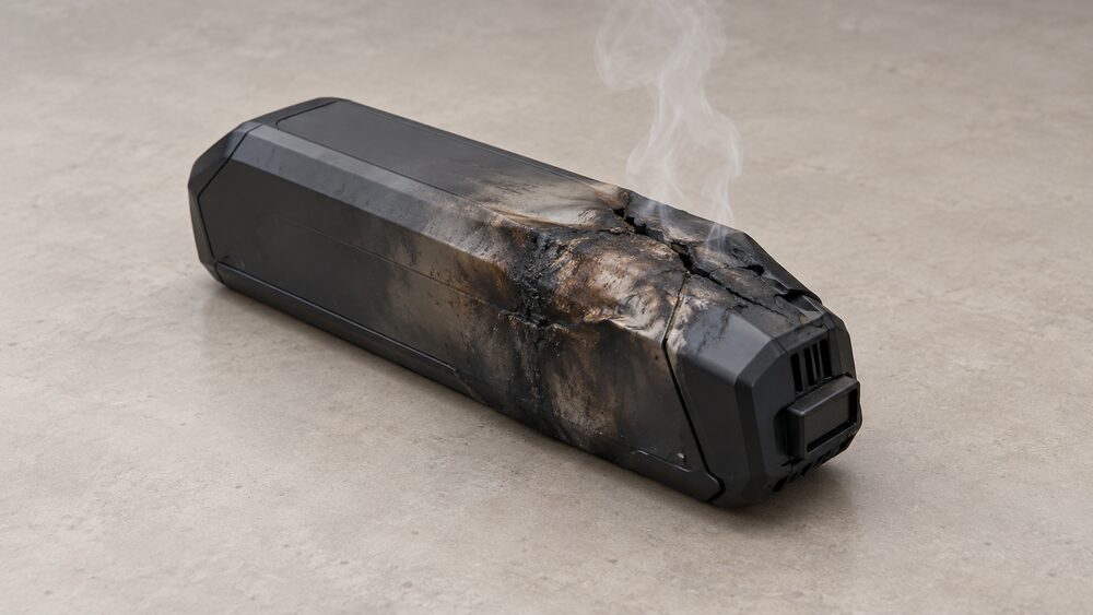 A close-up of a single scorched e-bike lithium-ion battery pack with a dented, blackened casing sitting on a bare hard floor, thin wisps of smoke still rising from its seams, with no flames, nothing else in the frame.