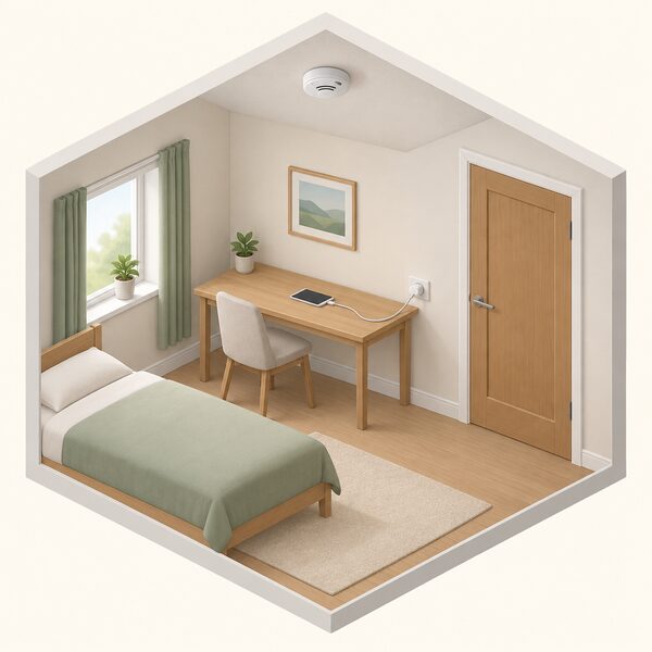 A small device such as a phone or tablet charging on a table in a room with a smoke alarm mounted on the ceiling and the room's door kept closed, with no person present.
