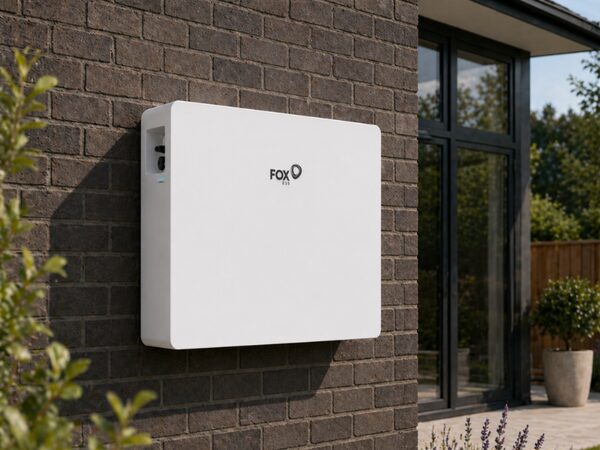 A white Fox ESS home battery mounted on an exterior brick wall of a house