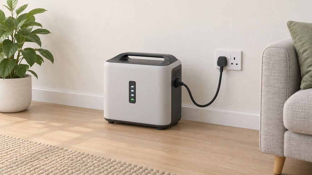 A close-up of a single portable plug-in battery storage unit standing on the floor beside a wall socket-outlet, its lead plugged into the socket, with no wiring into any consumer unit or fixed installation.