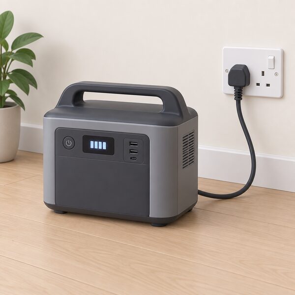 A simple portable plug-in battery unit standing on a floor near a wall socket, its lead ending in a standard three-pin mains plug, drawn as a plain consumer product with no fixed wiring, consumer unit or other equipment in view.