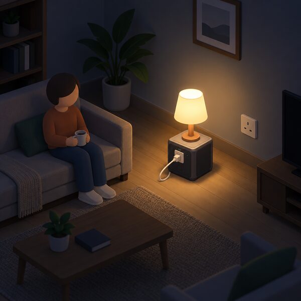 A dark living room during a power cut where a small isometric figure has plugged a lamp's lead into the socket on a compact plug-in battery unit on the floor, the lamp glowing while the rest of the room stays dark.