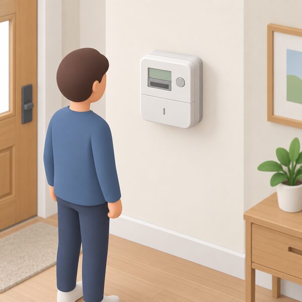 A smart meter mounted on an inside wall of a home, shown as a compact metering unit with a small display, drawn as a physical object with its screen showing only plain colour blocks and blank lines so no figures are readable.