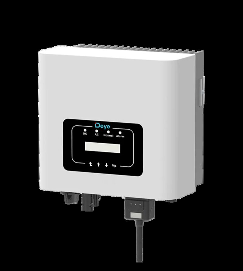 A white Deye wall-mounted solar inverter with a black display panel and connection cables