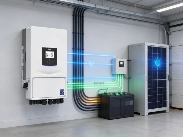 A Deye wall-mounted hybrid solar inverter installed in a garage alongside a battery and solar panel with illustrated energy-flow lines