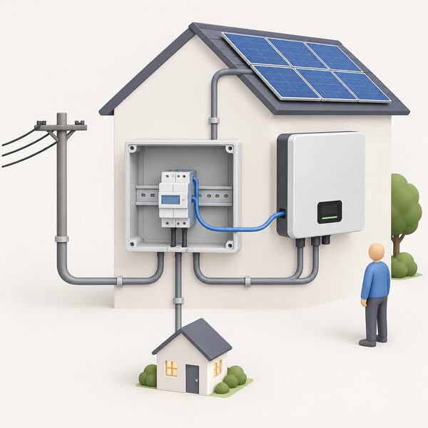 A small consumer unit enclosure with a DIN rail carrying a two-module energy meter, an RS485 cable in flexible conduit running from the meter's terminals to a wall-mounted hybrid inverter, with simplified conduit runs continuing outward to represent the PV array, grid supply and home load circuits.
